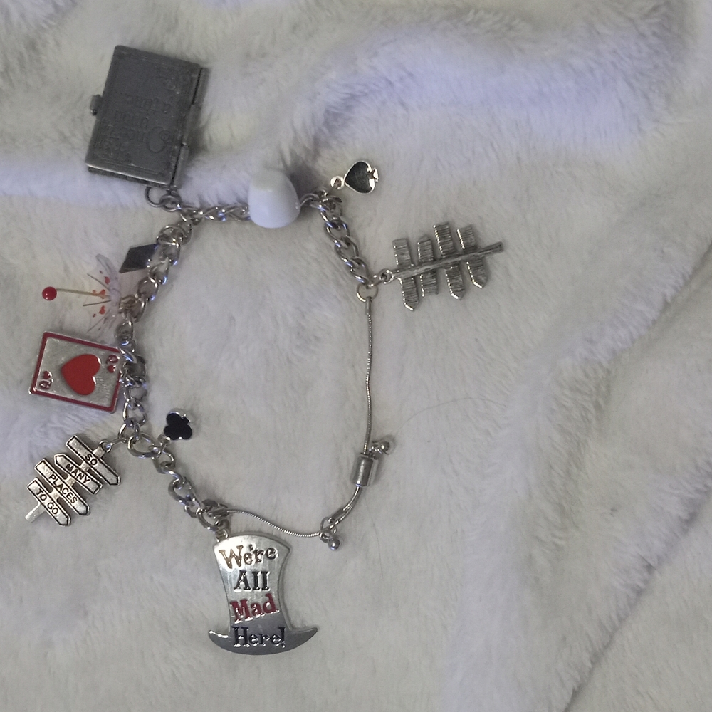 Silver Charm Bracelet with Alice in Wonderland Theme